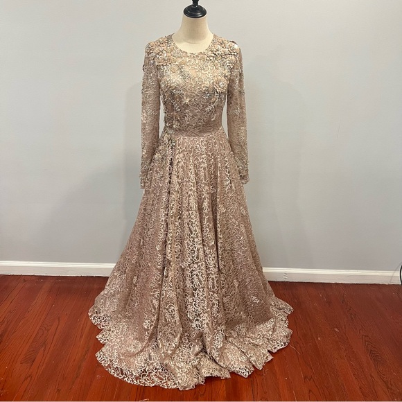 Mac Duggal Embellished Illusion Long Sleeve A line Gown In Mocha Pink - Reemoly - Picture 6 of 17